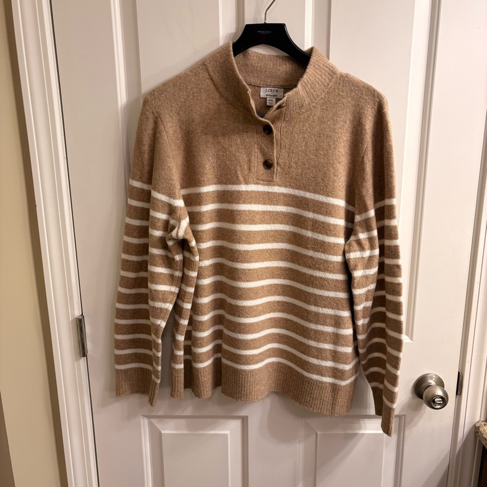 J. Crew Tan and White Striped Extra Soft Sweater With Buttons XXL